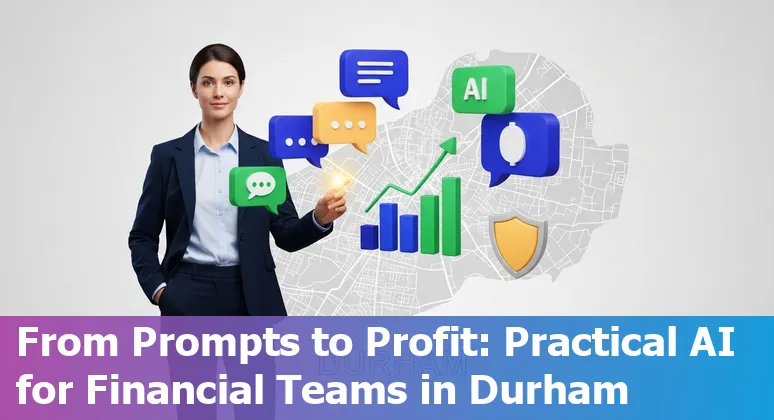 Financial services team in Durham using AI prompts on laptop with Research Triangle skyline in background