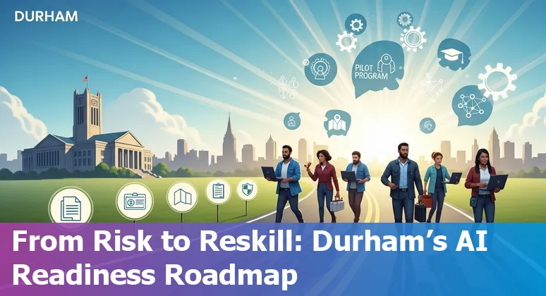 Durham city hall worker using a laptop with AI icons and a checklist titled 'Adaptation Plan'.