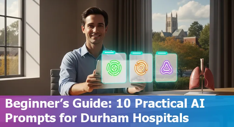 Nurses and clinicians using AI dashboards in a Durham hospital setting with icons for lung CT, sepsis alerts, and chatbots.