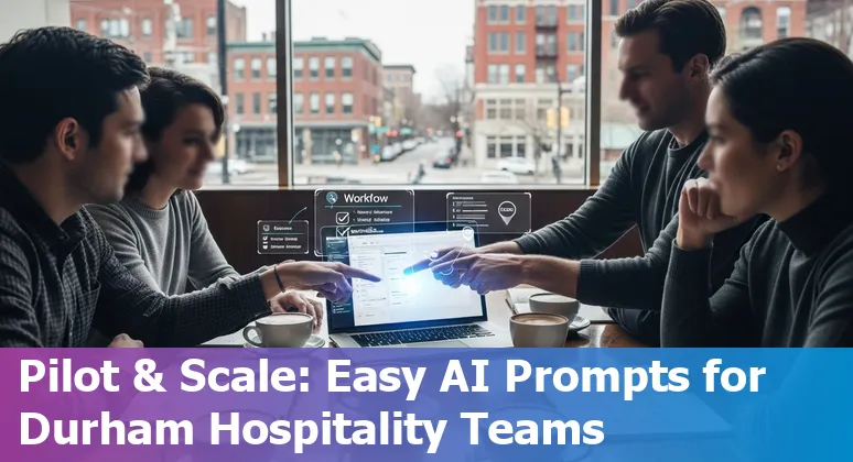 Hotel front desk with AI chatbot overlay and Durham Cathedral in background