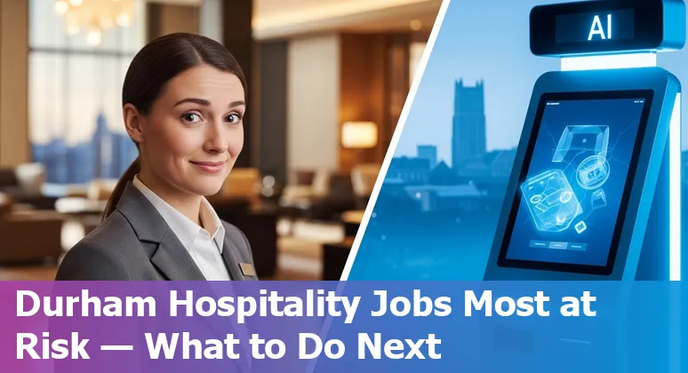 Durham skyline with hospitality workers and icons for AI, training, and job transition