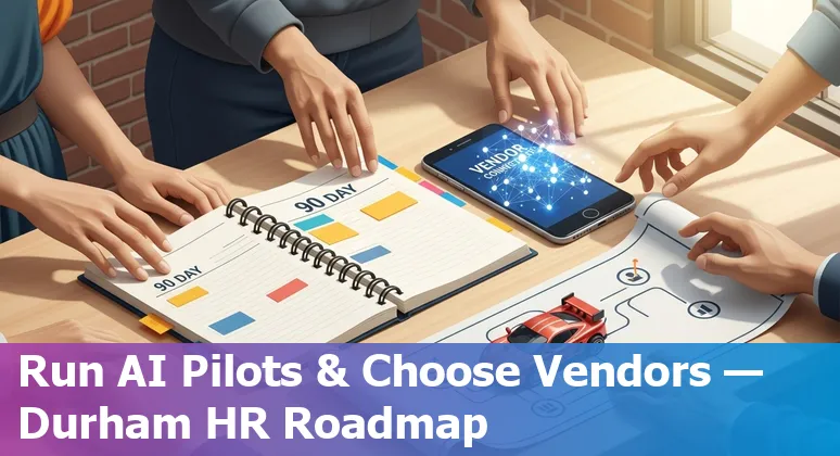 HR professional using AI tools on a laptop with Durham, North Carolina skyline and NCSSM campus in the background