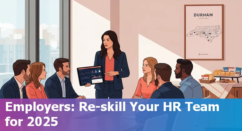 Durham, North Carolina HR team using AI tools in an office; skyline with NC State references