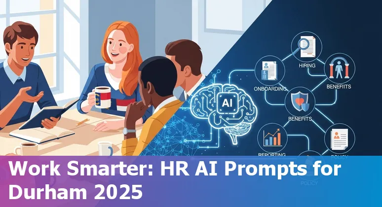 HR professional using AI prompts on a laptop with Durham skyline graphics, illustrating benefits and hiring workflows.