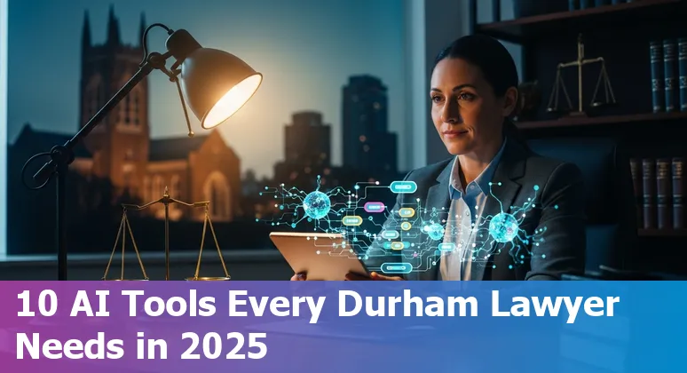 Collage of AI legal tools logos and Durham skyline, representing legal AI tools for Durham attorneys in 2025.