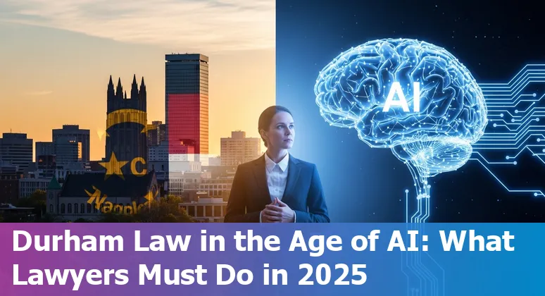 Lawyer and laptop with AI icons overlay — Durham, North Carolina skyline in background