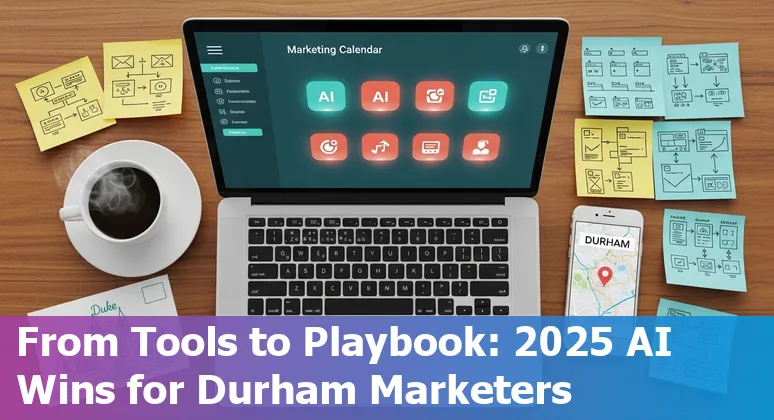 Durham, North Carolina marketer using AI tools on laptop with Durham skyline and Research Triangle landmarks
