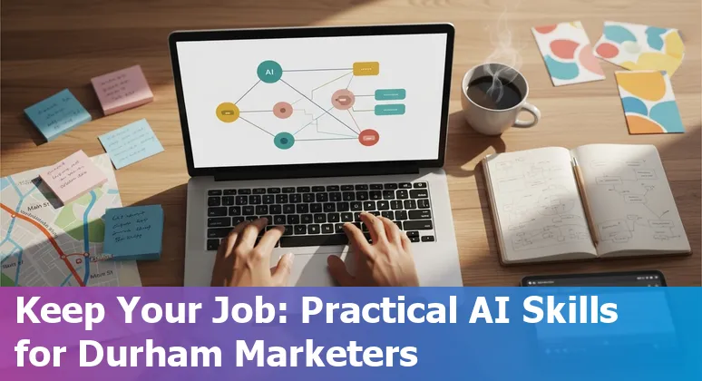 Marketer using AI tools in Durham, North Carolina with Research Triangle Park skyline in background