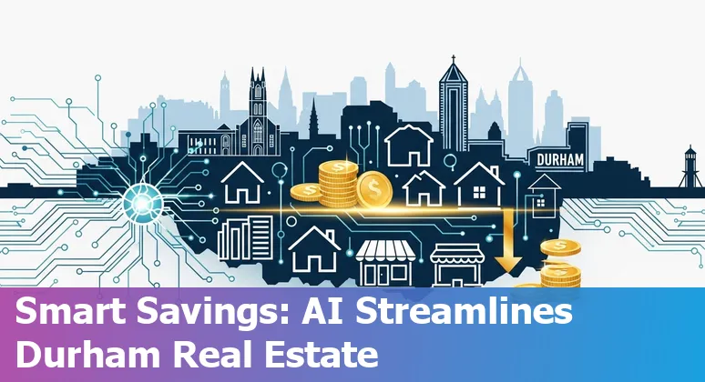 Durham, North Carolina skyline with AI and real estate icons showing cost savings and efficiency
