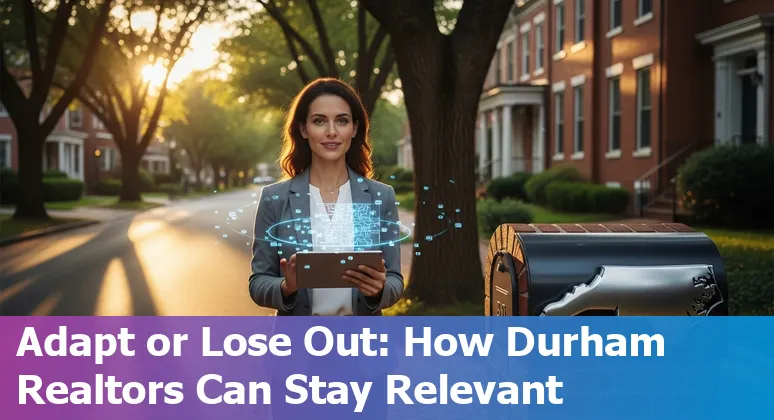 Durham rowhouses and a realtor using a laptop with AI icons, illustrating AI risk and adaptation in local real estate.
