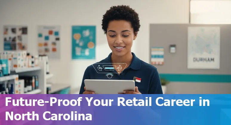 Retail worker and robot at a Durham store counter representing AI automation and reskilling in North Carolina