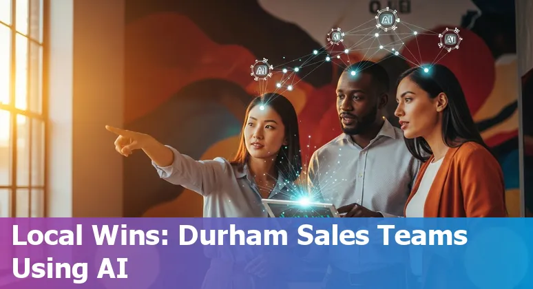 Sales professional using AI tools on laptop in Durham, North Carolina in 2025, with local skyline visible