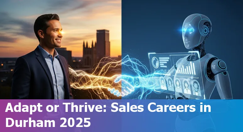Salesperson using AI tools on a laptop in Durham, North Carolina skyline background