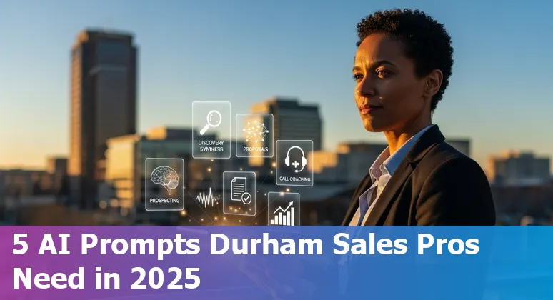 Sales professional in Durham using AI prompts on a laptop with Durham skyline in background