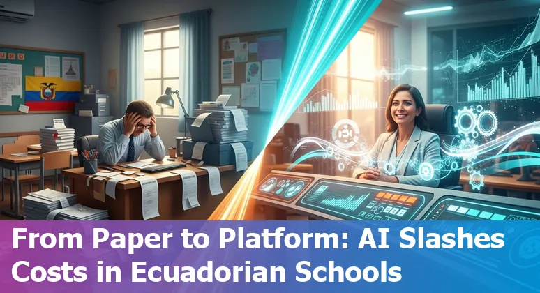 Ecuador students using an AI tutoring platform on laptops in a classroom