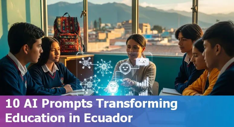 Illustration of AI-assisted learning in Ecuador: teacher, student, WhatsApp resources, and analytics dashboard