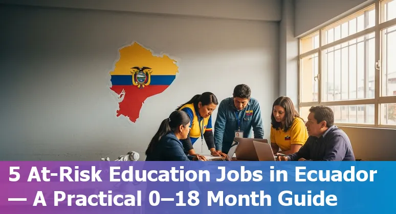 Ecuadorian school staff using AI tools on laptops and paper files in a school office.