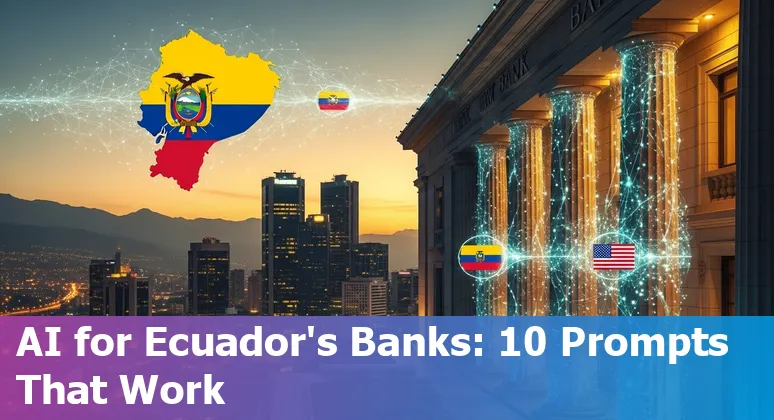 Mapa de Ecuador con iconos de banca, IA y prompts en español e inglés