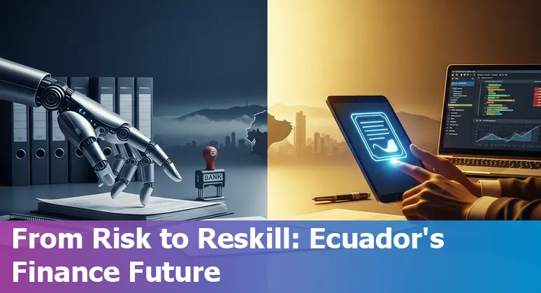 Ecuadorian bank teller with a digital AI chatbot interface illustrating AI disruption in financial services jobs in Ecuador