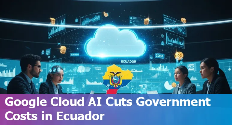 Government worker using an AI dashboard in Quito, Ecuador showing cost savings and efficiency metrics for Ecuador public agencies