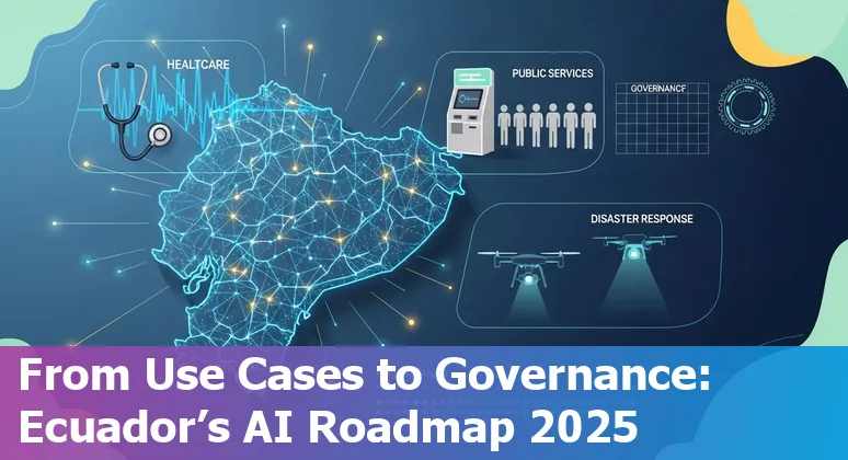 Illustration of AI transforming government services in Ecuador with MINTEL and public-sector icons