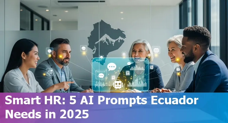 HR professional using laptop with AI prompts, Ecuador map overlay and Código del Trabajo document visible