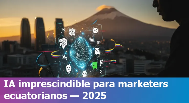 Collage of AI marketing tool logos with an Ecuador flag, symbolizing top AI tools for marketers in Ecuador 2025
