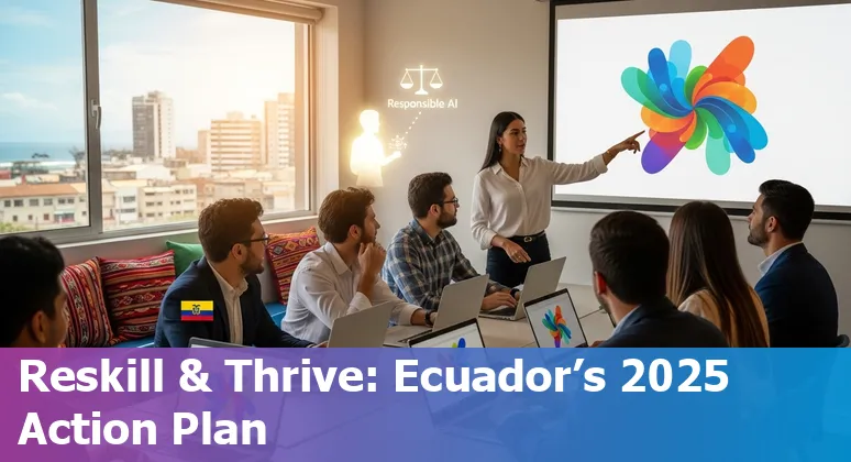 Marketer collaborating with AI tools in Ecuador, illustrating human-AI teamwork for marketing in Ecuador