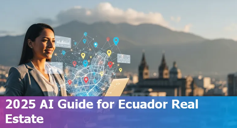 Map of Ecuador with AI real estate analytics overlays showing property valuations and smart city data in Ecuador