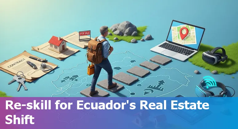 Ecuadorian real estate agent using a tablet with AI icons overlay and Quito skyline in the background