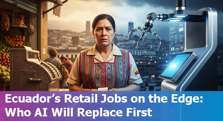 Ecuadorian retail worker learning POS and AI tools next to self-checkout kiosks in a small store
