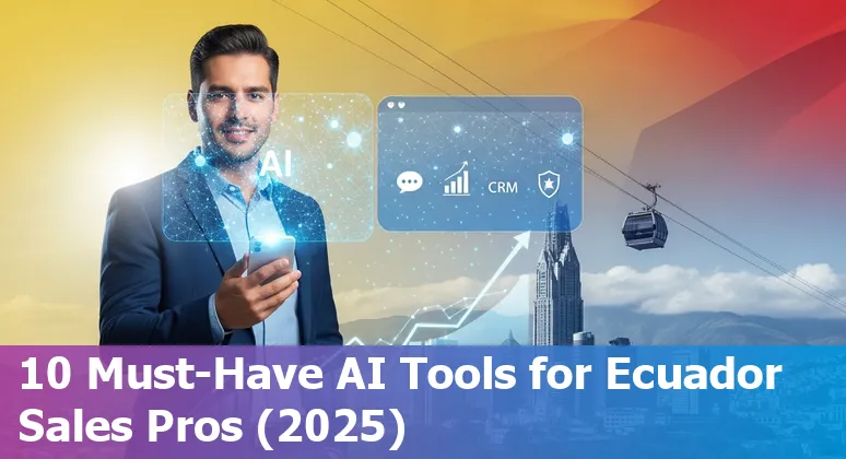 Montage of top AI sales tool logos like Cognism, Salesforce, HubSpot, Gong, Fireflies, Clari, Lavender, Crystal, Copy.ai, Prezent over Ecuador map