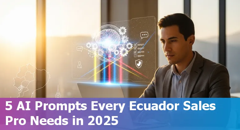 Sales professional in Ecuador using AI prompts on a laptop with Quito skyline in the background