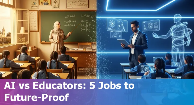Egyptian classroom with teacher, AI icons and digital learning materials illustrating jobs at risk and adaptation steps