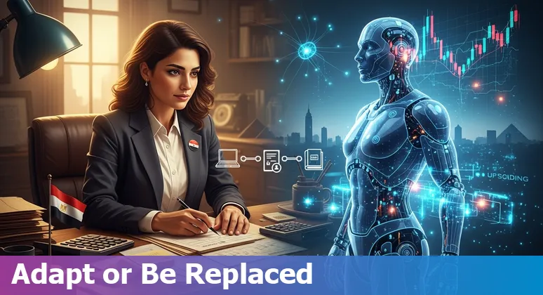 Egyptian banker and laptop showing AI automation icons overlaid, representing finance jobs adapting to AI in Egypt.