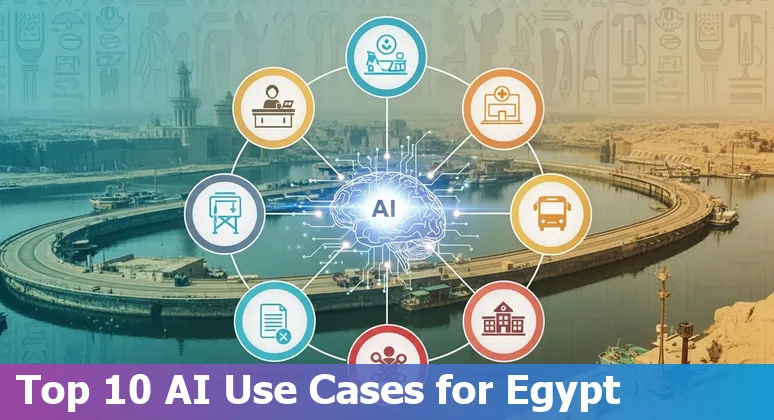 Illustration of Egypt government AI use cases: dashboards, satellite farming, healthcare imaging, and data governance icons