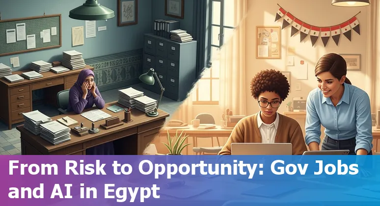 Egyptian government office workers with AI automation icons and upskilling pathways