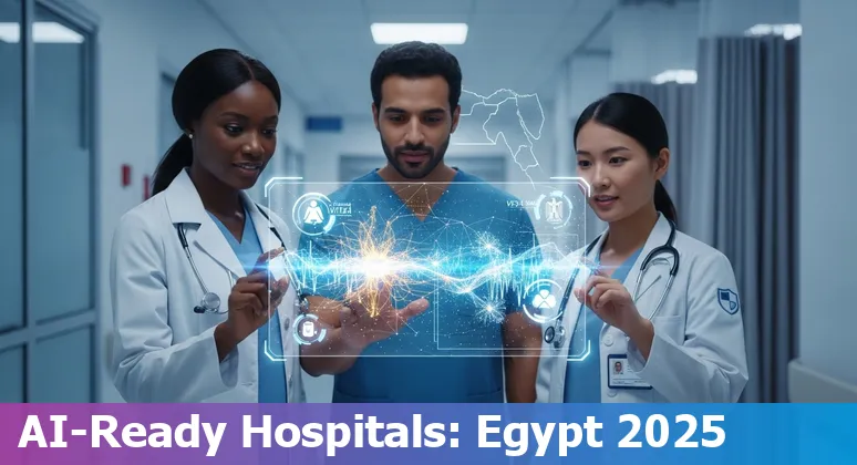 Illustration of AI in Egypt healthcare 2025 showing doctors, AI imaging, electronic records and Cairo skyline in Egypt