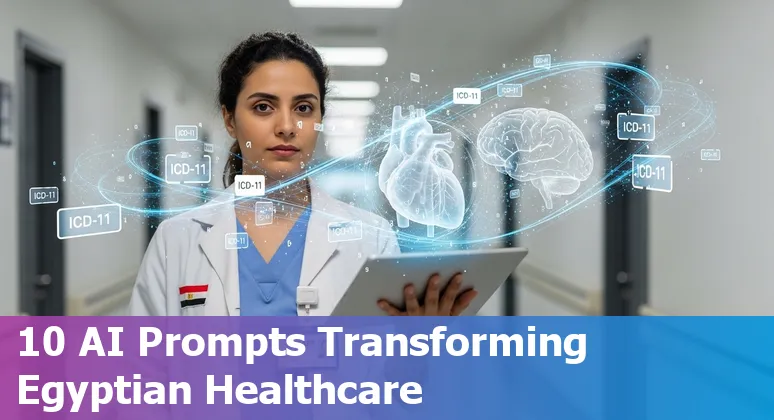 Icons representing AI use cases in Egyptian healthcare: triage, radiology, prescriptions, population health, genomics, and dashboards.