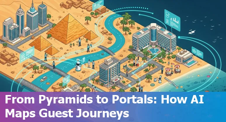 Hotel staff using AI tools to personalise a Nile-view guest experience in Cairo, Egypt.