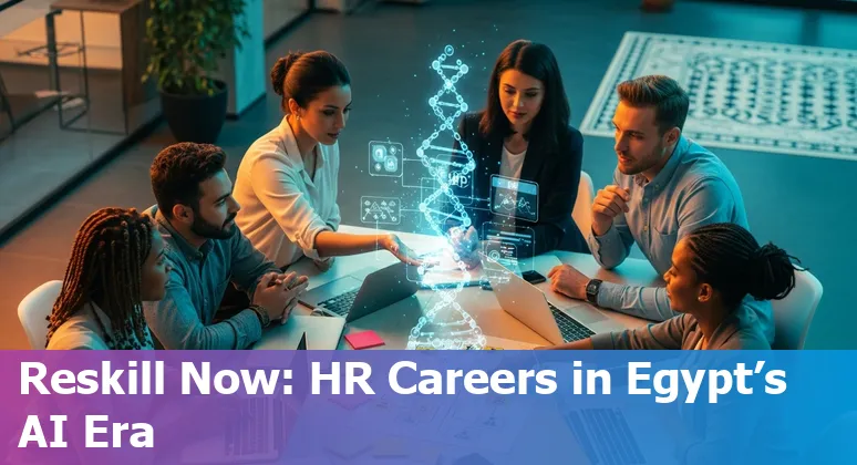 Egypt HR team exploring AI hiring tools with Cairo skyline, illustrating AI and HR jobs in Egypt in 2025