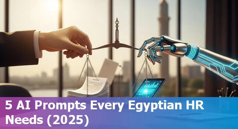 HR professional using AI prompts on laptop with Cairo skyline in background