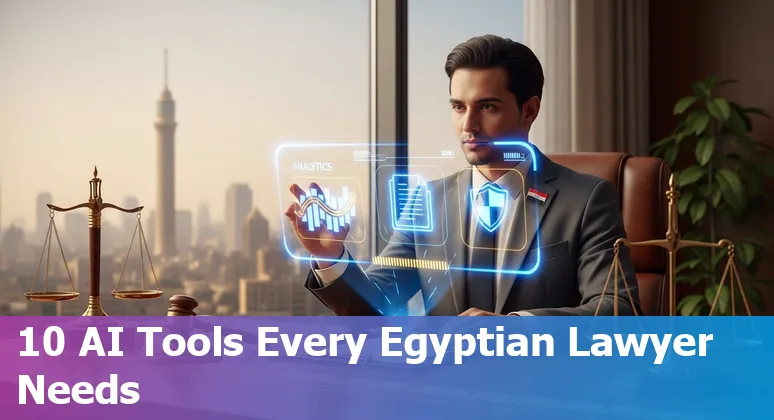 Egyptian lawyer using AI tools on a laptop with legal documents and an Egyptian flag overlay