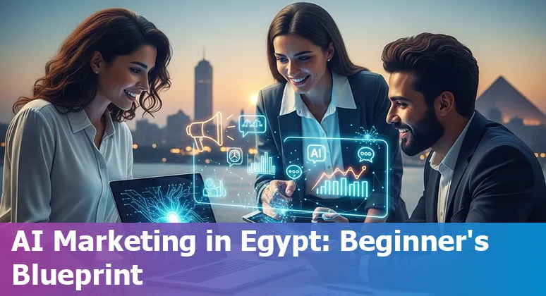 AI-driven marketing dashboard overlaid on Egypt map with Cairo skyline, illustrating AI marketing in Egypt in 2025