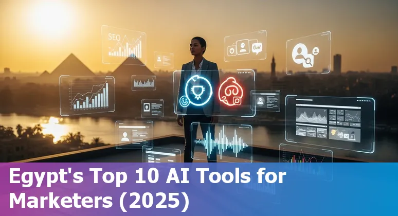 Collage of AI marketing tools icons and Egypt landmarks with captions for SEO, social, CRM and voice AI
