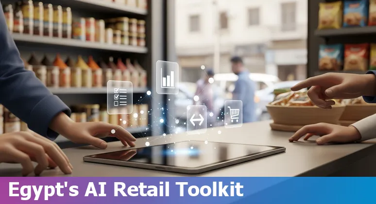 Illustration of AI in Egyptian retail: mobile shopper, Arabic chatbot, delivery van and smart store shelves