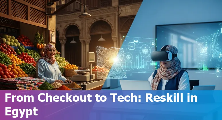 Egyptian retail worker training on digital POS beside self-checkout kiosks