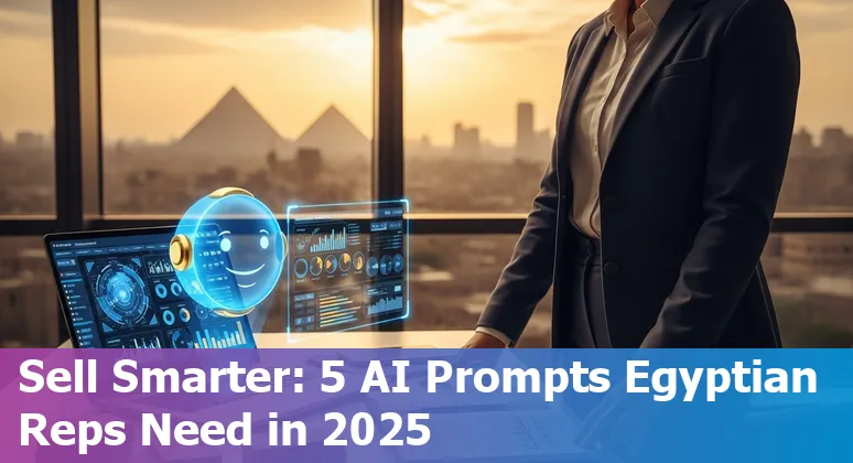 Laptop showing AI prompt templates for Egyptian sales teams with Cairo skyline and EGP notes