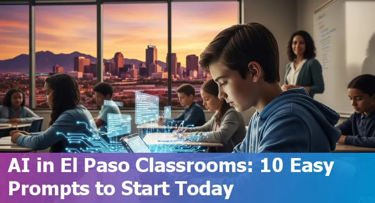 Teacher using AI tools on laptop with UTEP campus and El Paso skyline in background