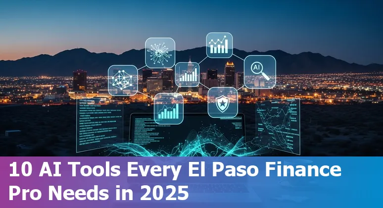Finance professional reviewing AI tool dashboard on laptop with El Paso skyline in background